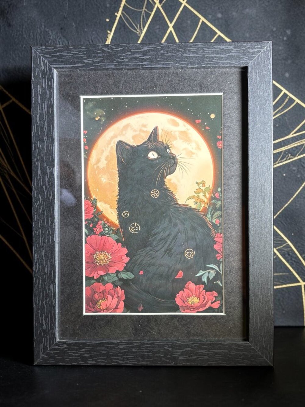 Black Cat, Full Moon & Flowers Framed Art | 5x7